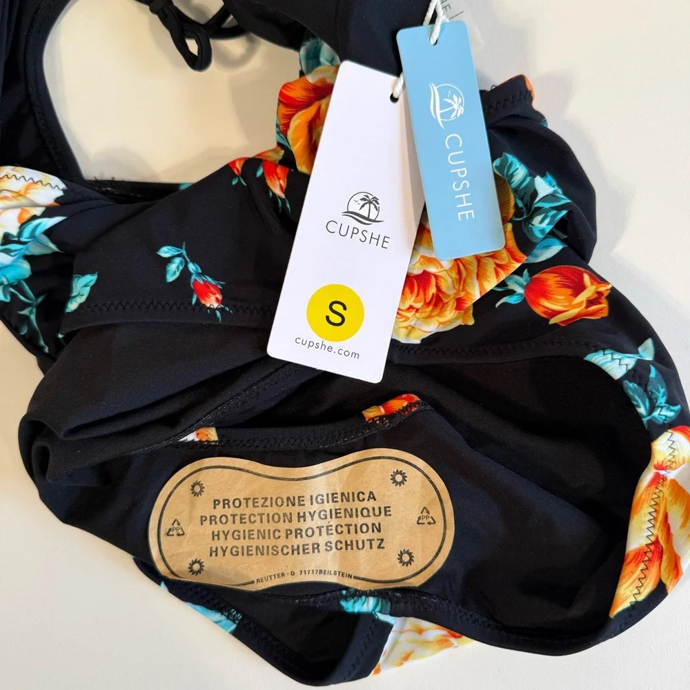 Cupshe Black Floral Print Halter Lace-Up Tummy Control One Piece Swimsuit - Picture 10 of 16